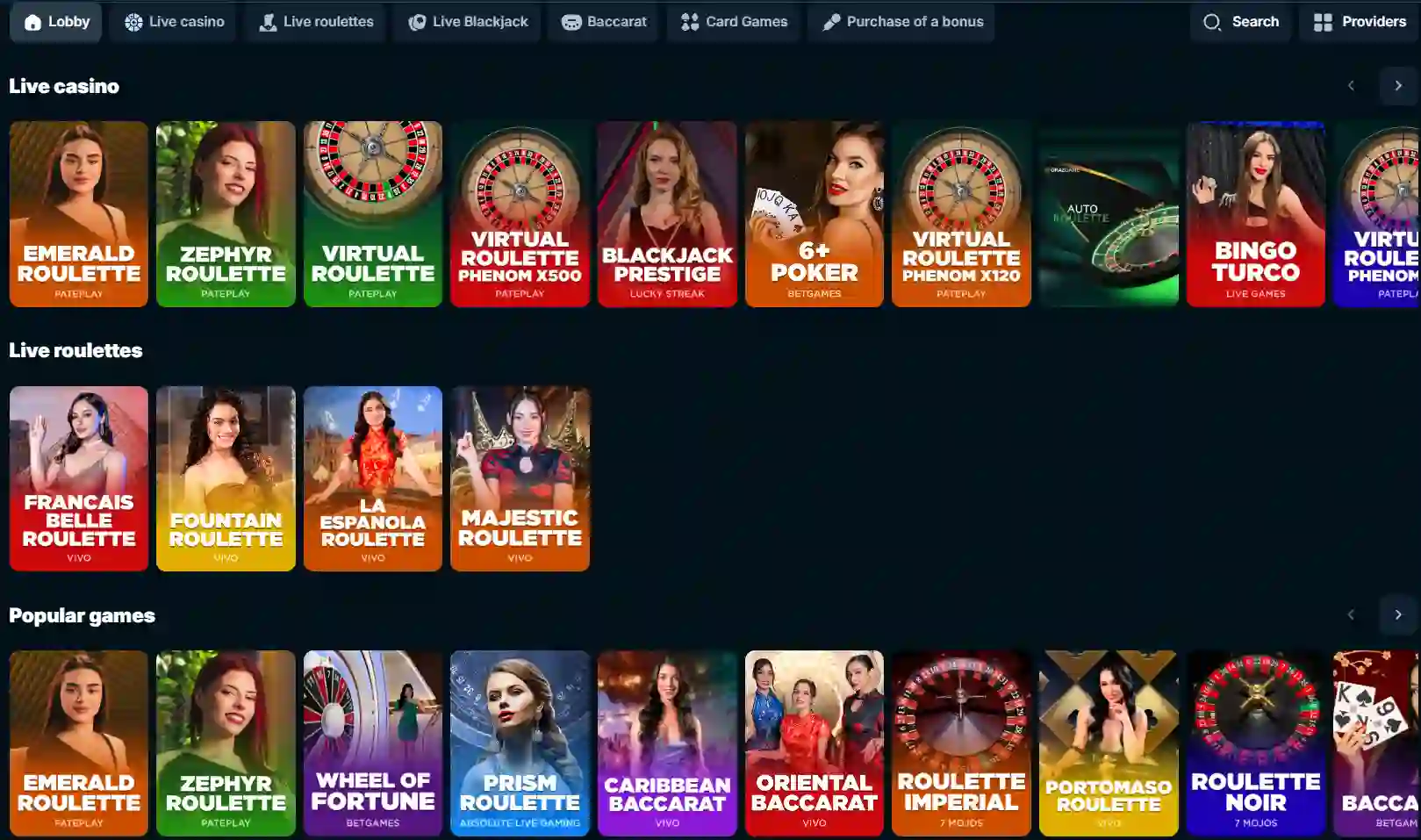 Current SpinnyCasino live casino lobby showing live categories and studio filters