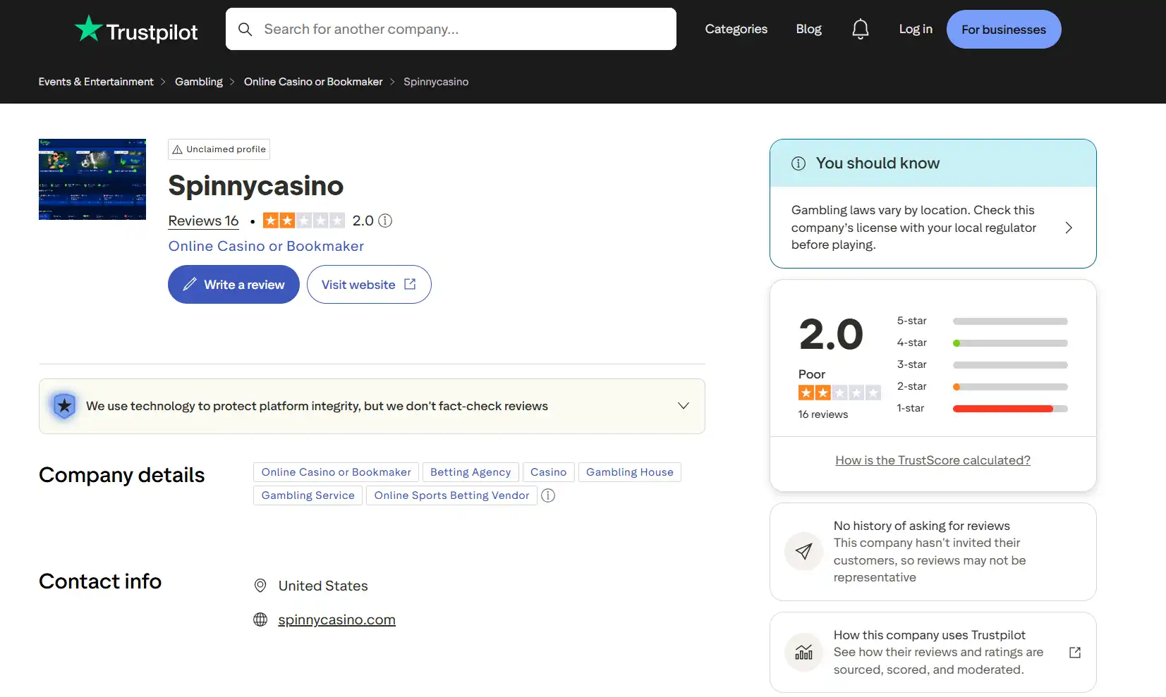 Current Spinnycasino Trustpilot review summary