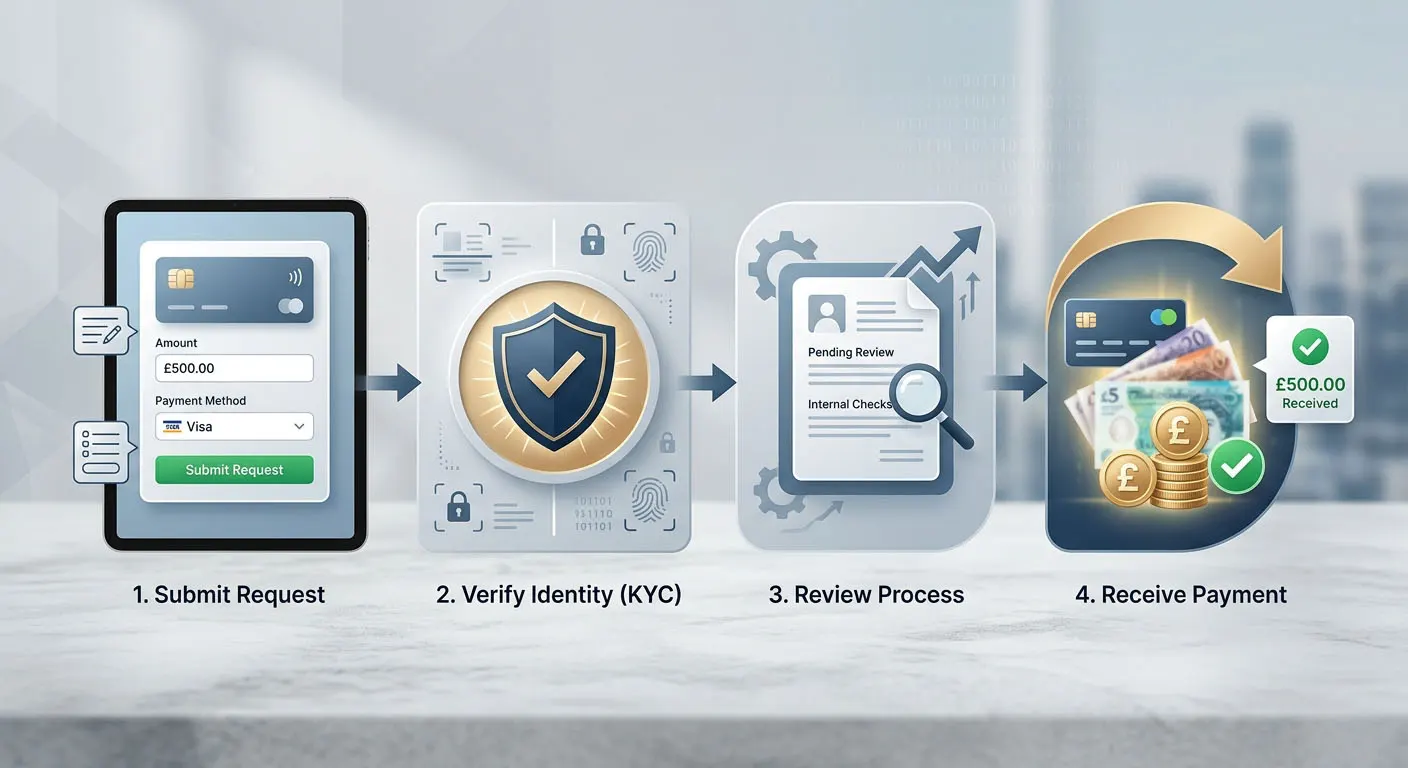 Illustrated Spinny withdrawal flow from cashout request through KYC review to payment without fixed timing claims