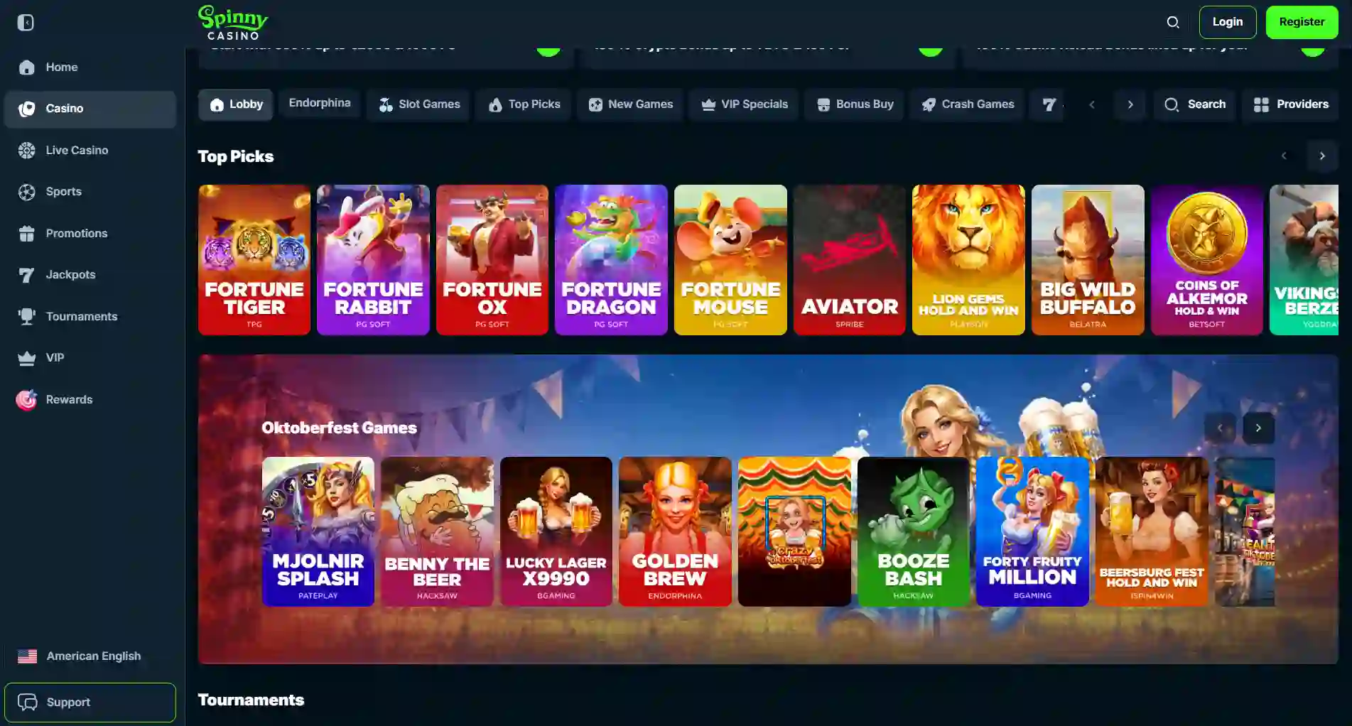Current SpinnyCasino homepage or lobby interface