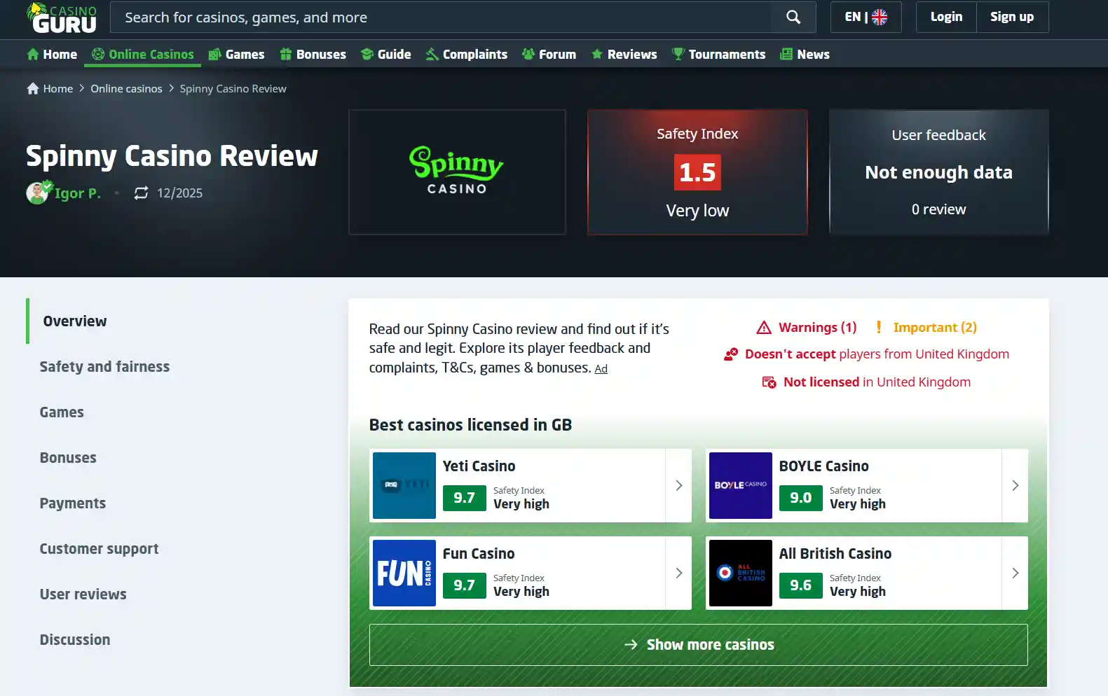 Casino Guru Spinny Casino review summary and Safety Index